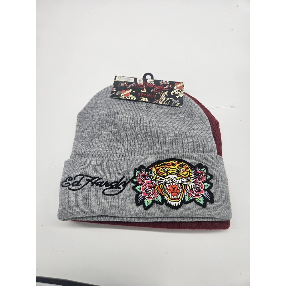 NWT Ed Hardy Screaming Tiger Beanies - Pack Of 2 - Dark Red & Gray